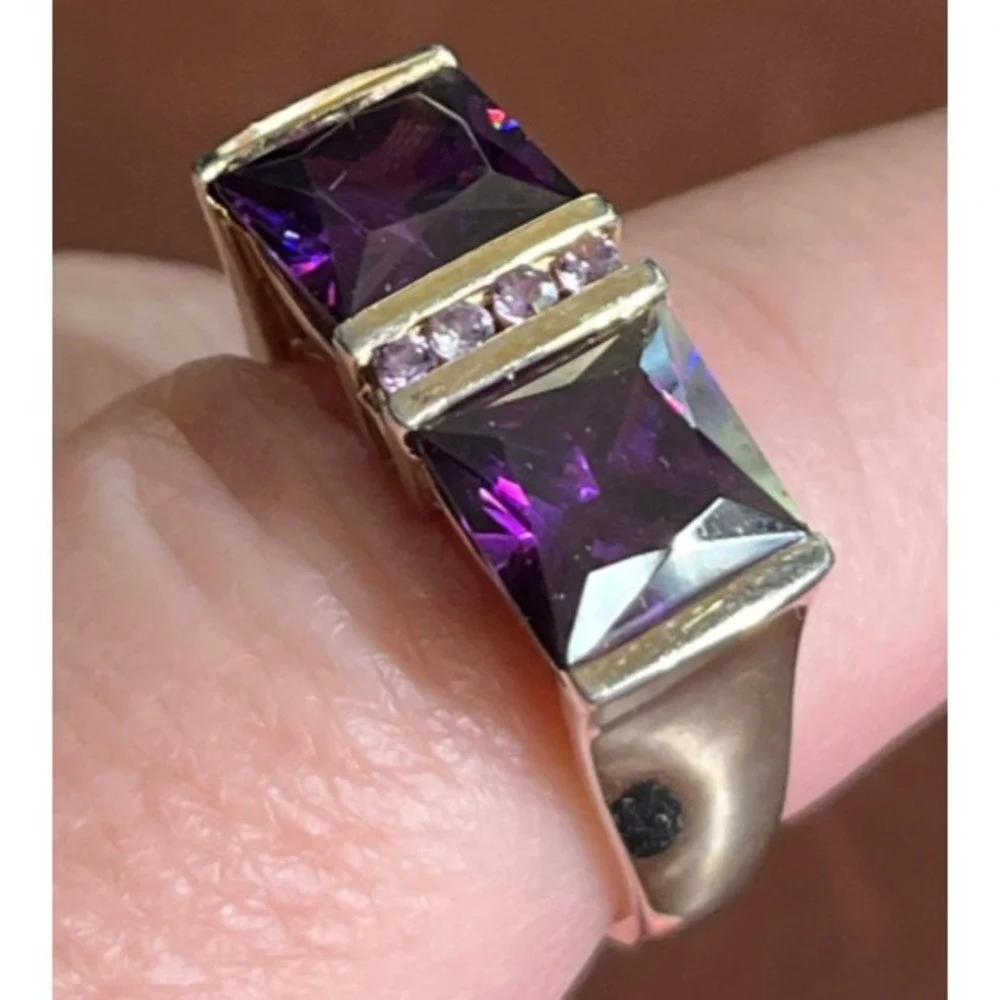 MEDA 14K GOLD PLATED Sterling Silver Bar Ring SQUARE LAB CREATED AMETHYST sz 8